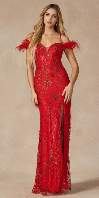 Juliet 2402 Glitter Leaf Sequin Gown with Feathered Sleeves and Slit