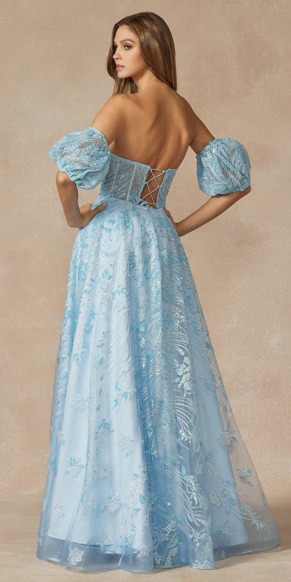 Juliet 2404 Strapless Sequin Tulle Ballgown Removable Puff Sleeves - Glamourous Grace