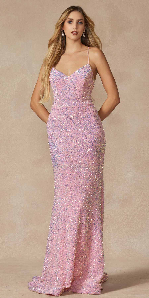 Juliet 2406 Velvet Sequin Fitted Gown V-Neckline Lace Up Back - Glamourous Grace