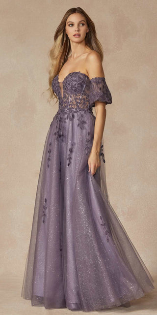 Juliet 2409 Floor Length A-Line Leaf Embroidered Gown Detachable Sleeves