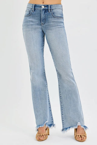 RISEN Tummy Control Mid Rise Flare Fray Hem Denim Jeans