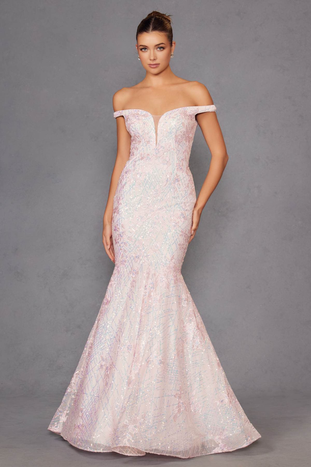 Juliet 2412 Mermaid Gown Plunging Deep V Illusion Neckline Off the Shoulder - Glamourous Grace