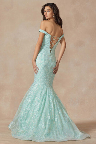 Juliet 2412 Mermaid Gown Plunging Deep V Illusion Neckline Off the Shoulder