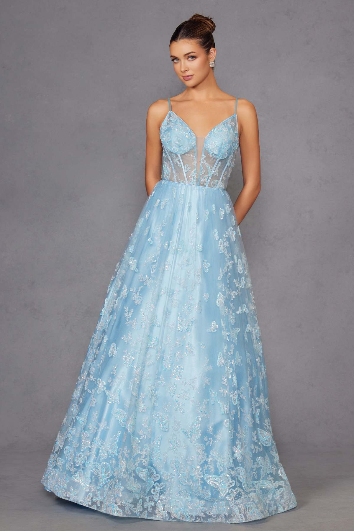 Juliet 2413 Long Butterfly Glitter Embroidered A-Line Gown with Corset Top - Glamourous Grace