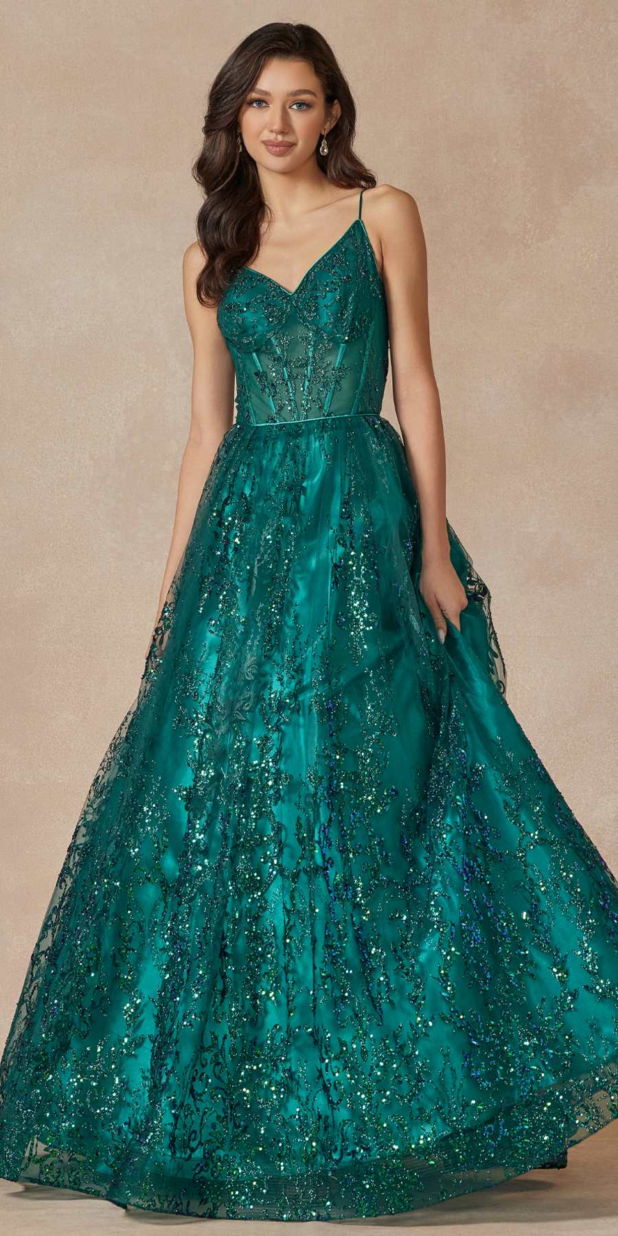 Juliet 2414 Floor Length A-Line Glitter Lace Tulle Ball Gown - Glamourous Grace