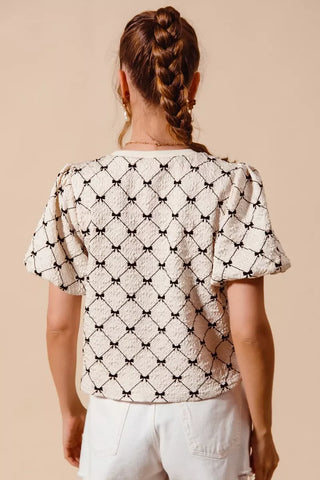 SO ME Bow Texture Woven Bubble Sleeve Top - Glamourous Grace