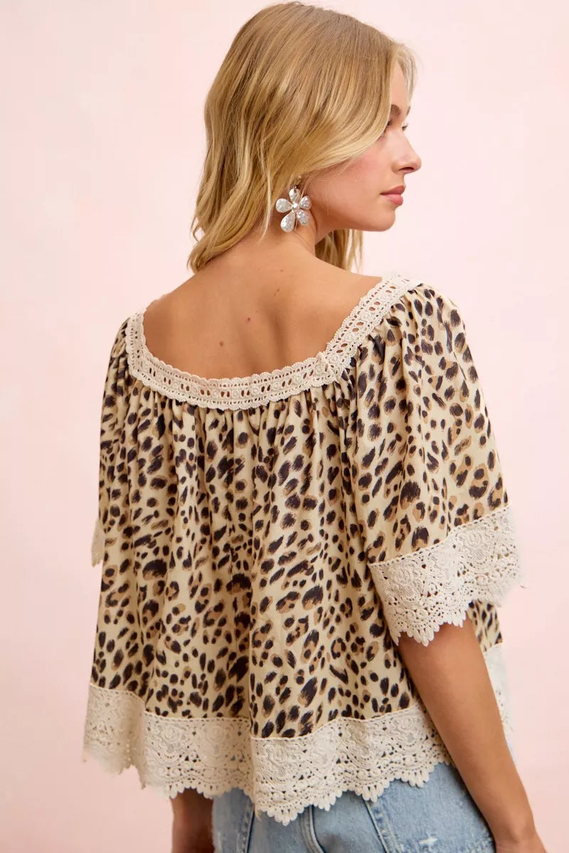 BiBi Leopard Lace Mix And Match Square Neckline Top - Glamourous Grace
