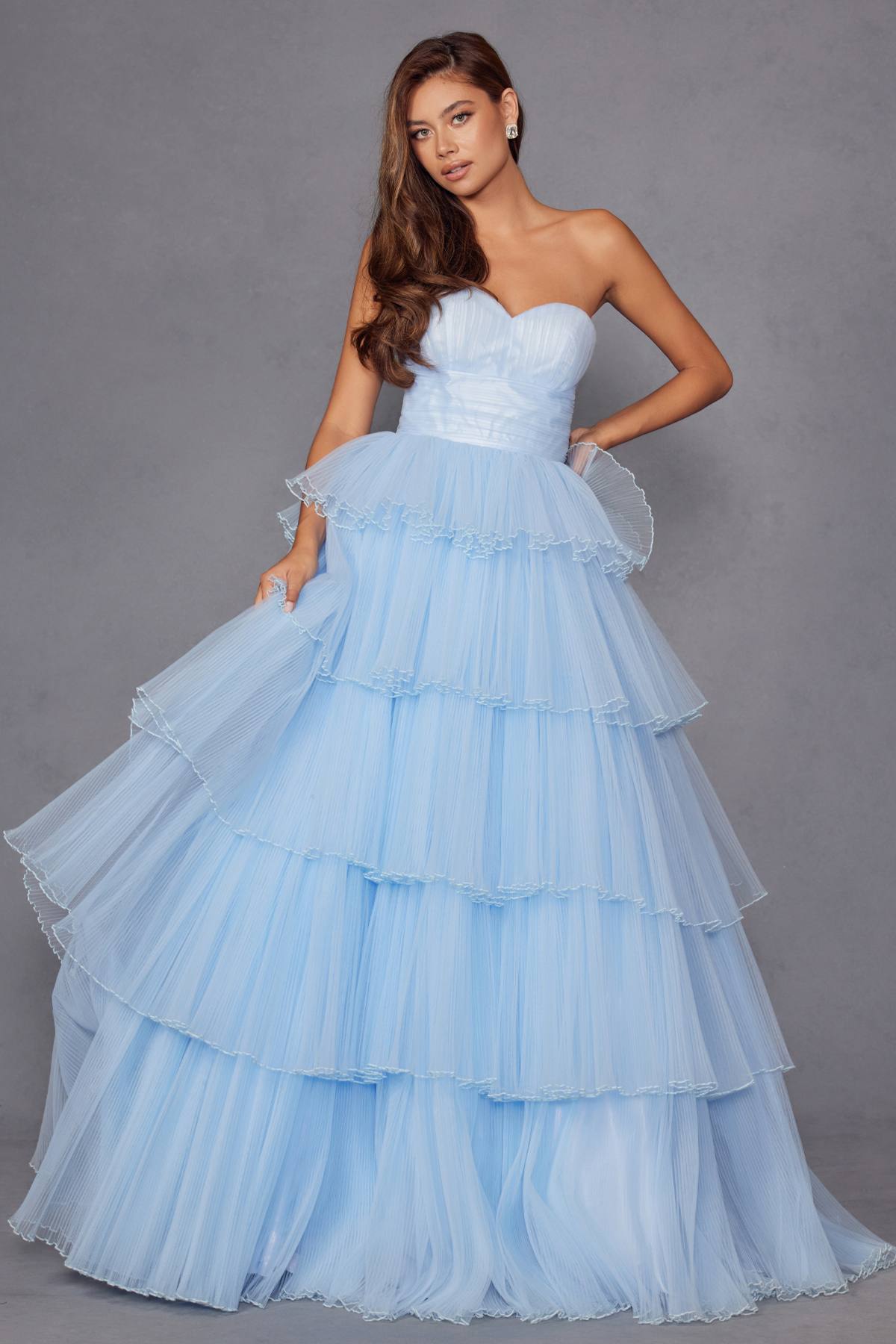 Juliet JT2452K Long Pleated Strapless Tiered Ruffle Tulle A-Line Gown - Glamourous Grace