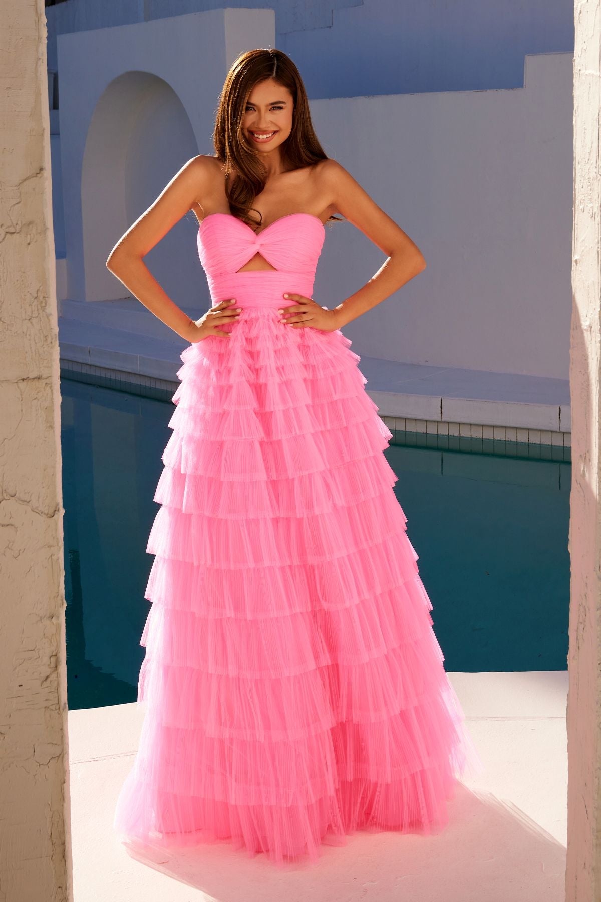 Juliet JT2456H Long Strapless Keyhole Tiered Ruffled Tulle A-Line Gown - Glamourous Grace