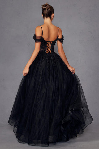 Juliet JT2466A Long Cold Shoulder Sweetheart Corset Bodice A-Line Gown