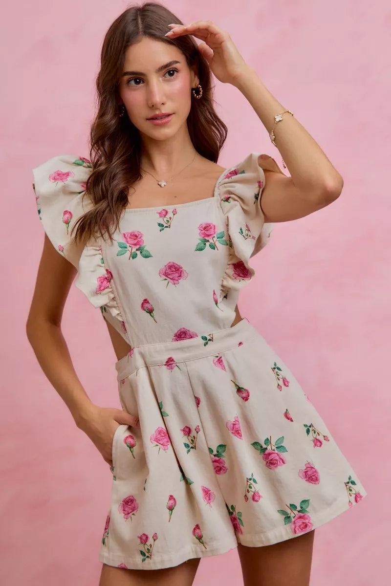 SO ME Floral Print Denim Cut Out Waist Ruffled Romper - Glamourous Grace