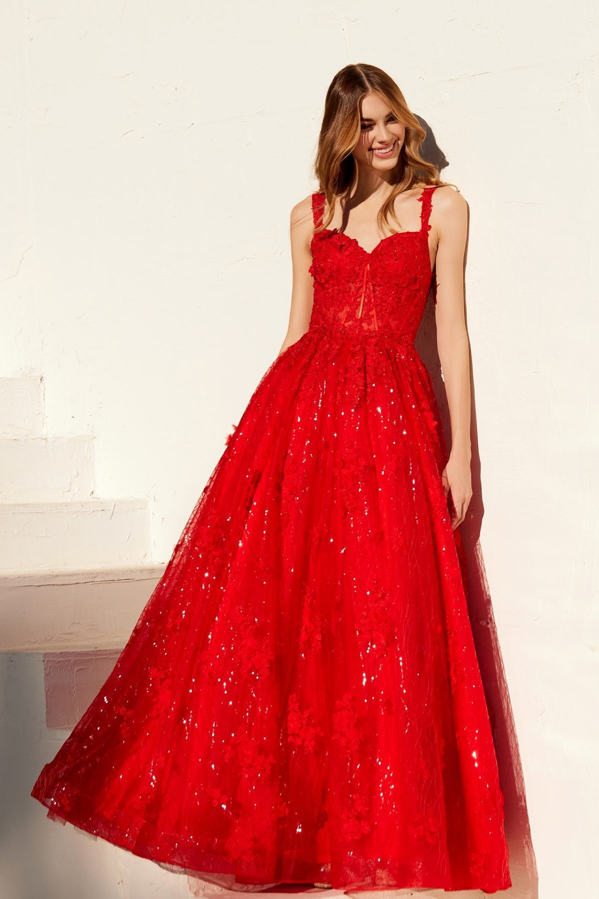 Juliet JT2495A Long A-Line Floral Lace Evening Gown - Glamourous Grace