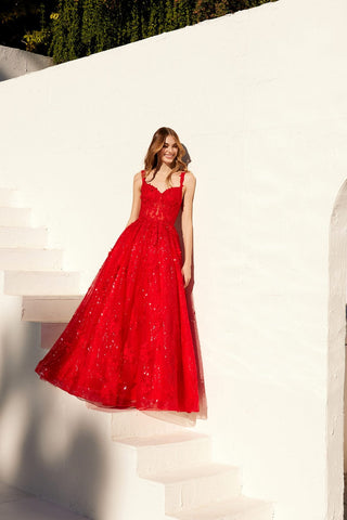 Juliet JT2495A Long A-Line Floral Lace Evening Gown