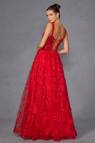 Juliet JT2495A Long A-Line Floral Lace Evening Gown