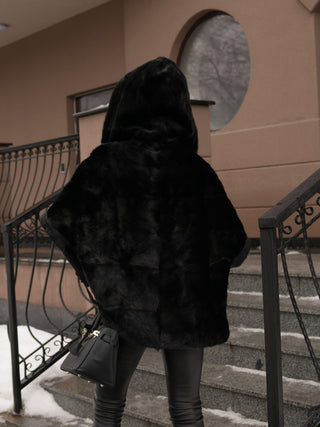 Genuine Scandinavian Mink Fur Poncho with Fully Lined Mink Hood