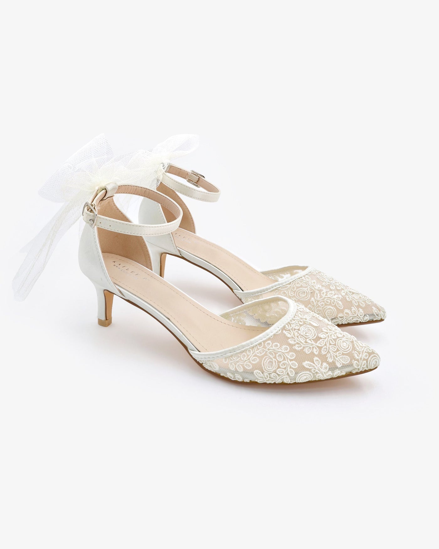 Crochet Lace Pointy Toe Wedding Kitten Low Heel with Tulle Back Bow - Glamourous Grace