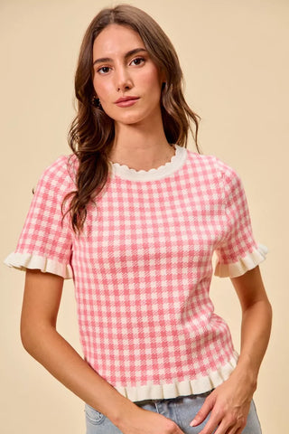 SO ME Gingham Knit Ruffled Short Sleeves Sweater Top - Glamourous Grace