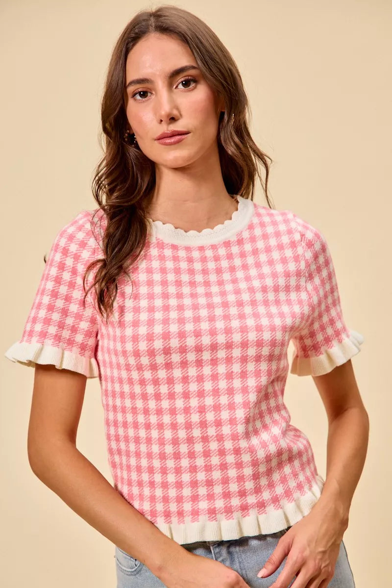 SO ME Gingham Knit Ruffled Short Sleeves Sweater Top - Glamourous Grace
