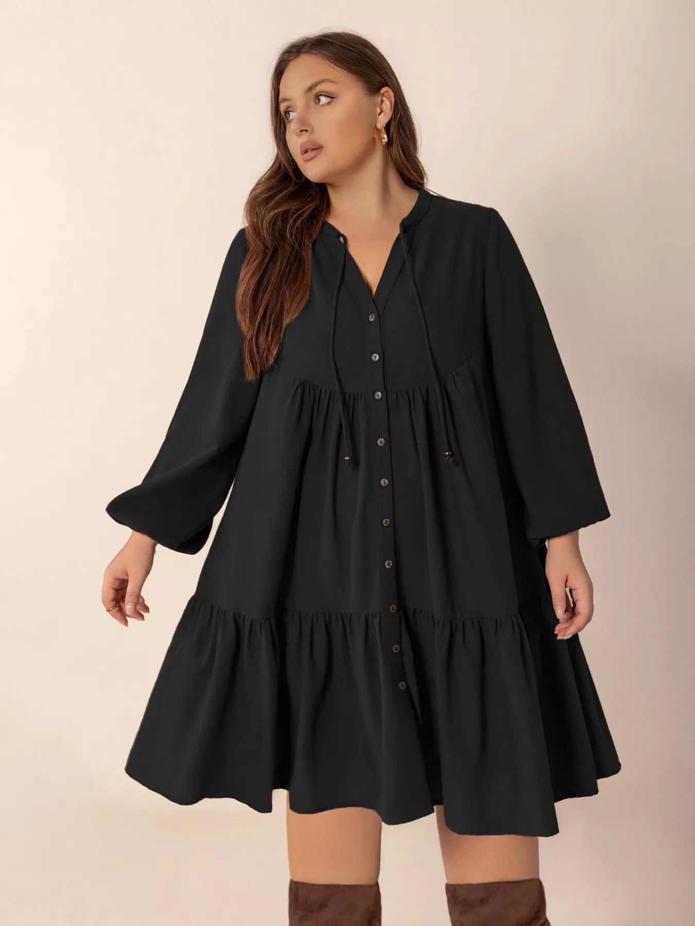 Plus Size Button Front Balloon Sleeve Dress - Glamourous Grace