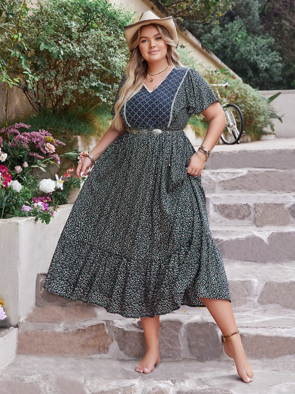 Plus Size Printed V-Neck Flutter Sleeve Midi Dress - Glamourous Grace