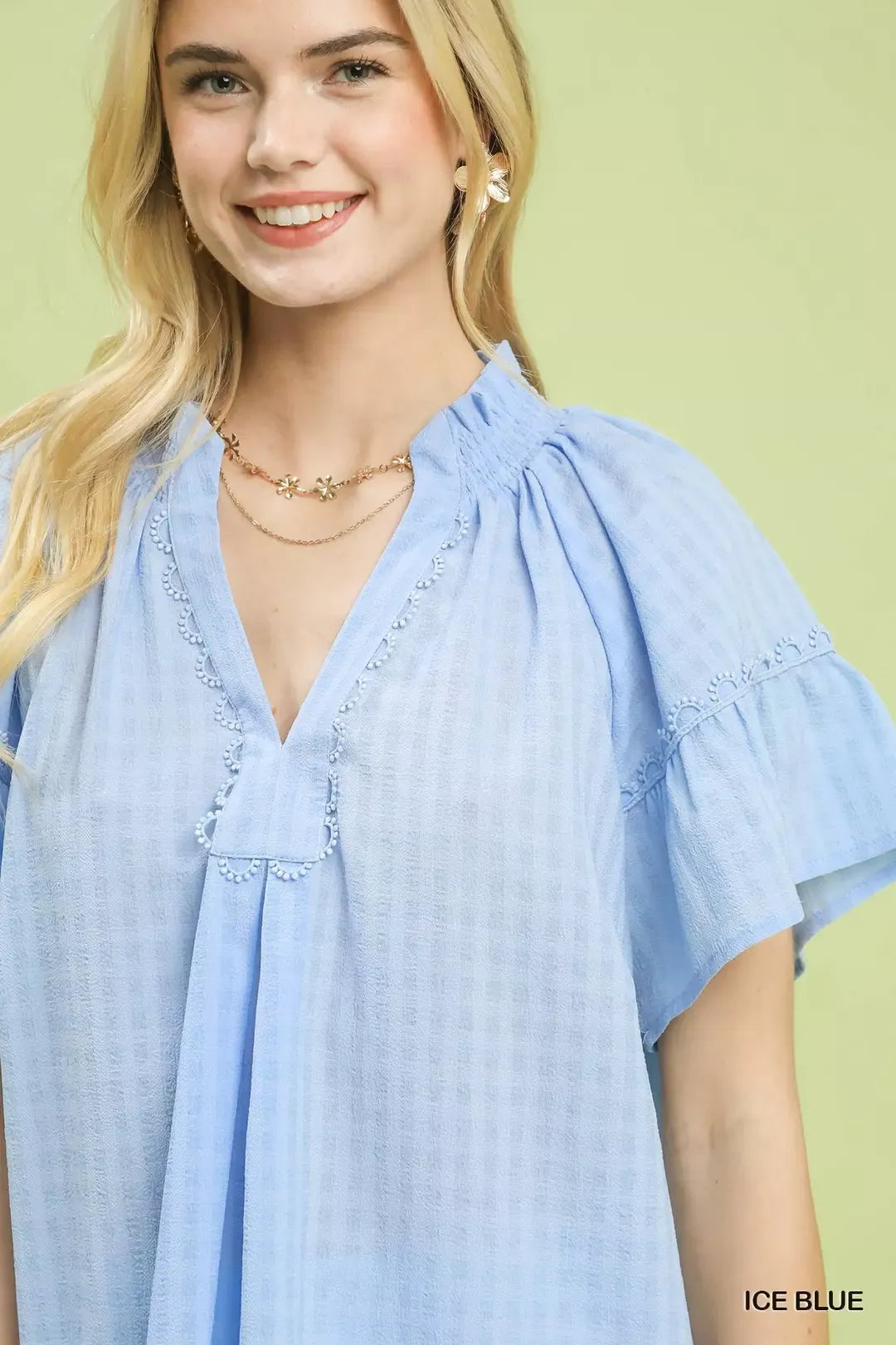 Umgee Gingham Puff Sleeve Top with Lace Trim - Glamourous Grace