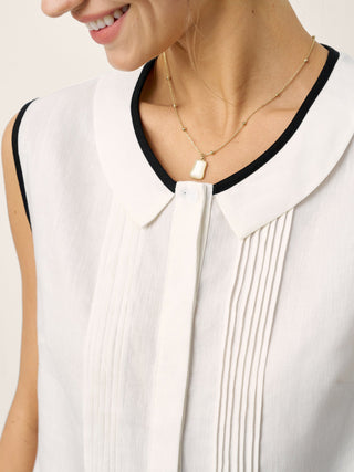 Linen-Lyocell Contrast Trim Pleated Sleeveless Top JUNIPER - Glamourous Grace