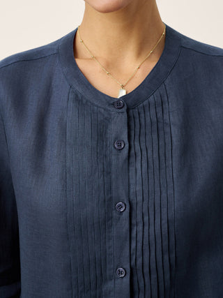 100% Linen Sculpted Accordion Pleat Crew Neck Shirt RANA - Glamourous Grace