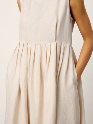 100% Linen Sleeveless Crew Neck Waist Pleated Maxi Dress SELENE - Glamourous Grace