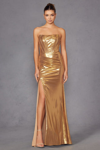 Juliet JT2500A Strapless Fitted Metallic Formal Gown