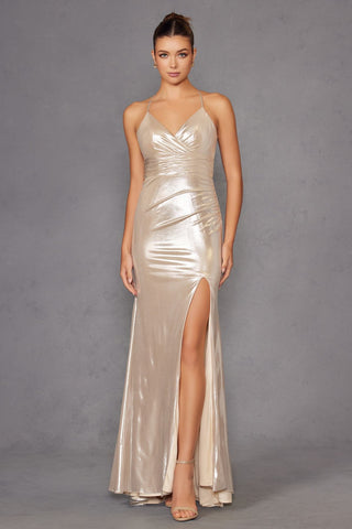 Juliet JT2502A Dress Long Halter Neck Fitted Metallic Gown