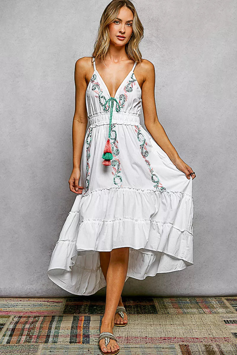 POL Embroidered Detail Tassel Tie Smocked Waist Midi Tiered Cami Dress - Glamourous Grace