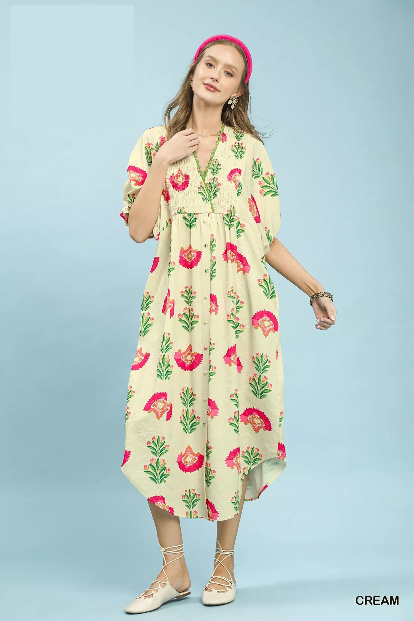 Umgee Abstract Print V-Neck Midi Dress - Glamourous Grace