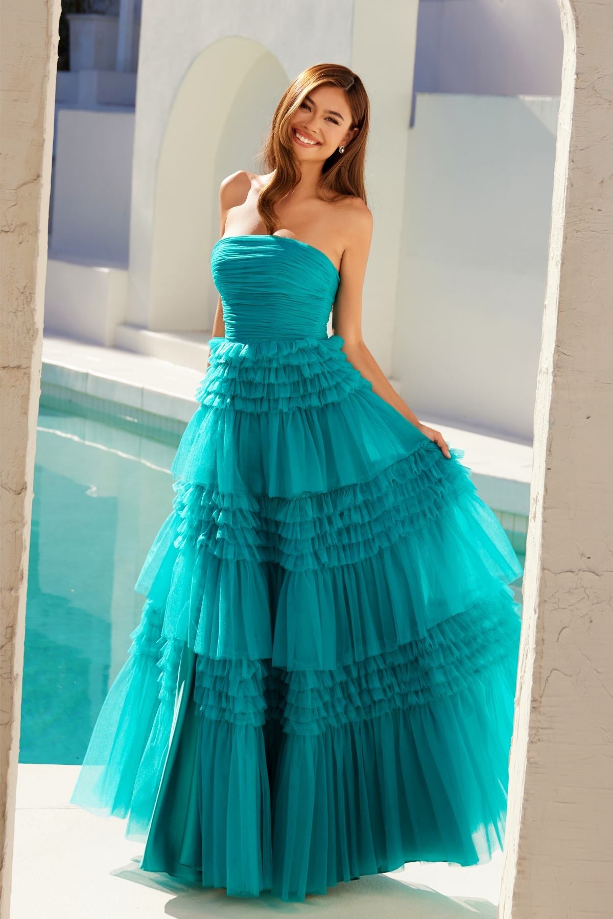Juliet JT2542S Long Strapless Layered Tulle A-Line Gown - Glamourous Grace