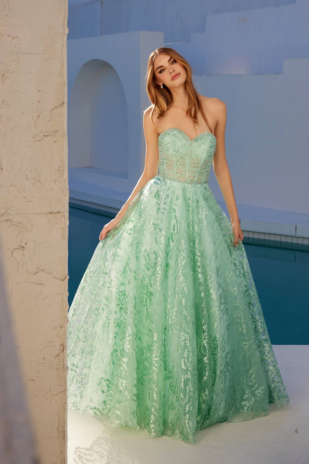 Juliet JT2547S Strapless Sweetheart A-Line Mint Gown - Glamourous Grace