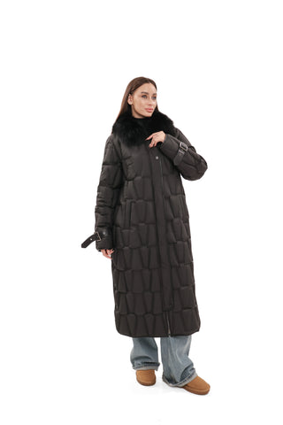 Riley Genuine Fur Trim Down Fill Coat in Black
