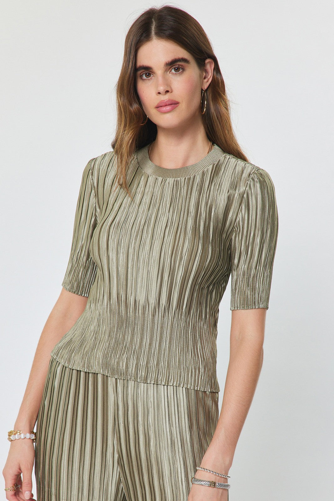 Tanya Olive Pleated Short Sleeve Top