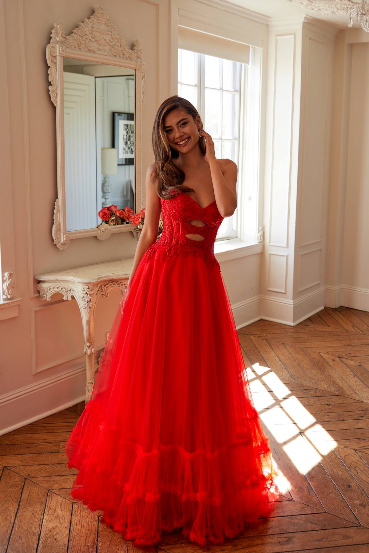 Juliet JT2561S Strapless Sweetheart Keyhole Bodice Tulle A-Line Gown - Glamourous Grace