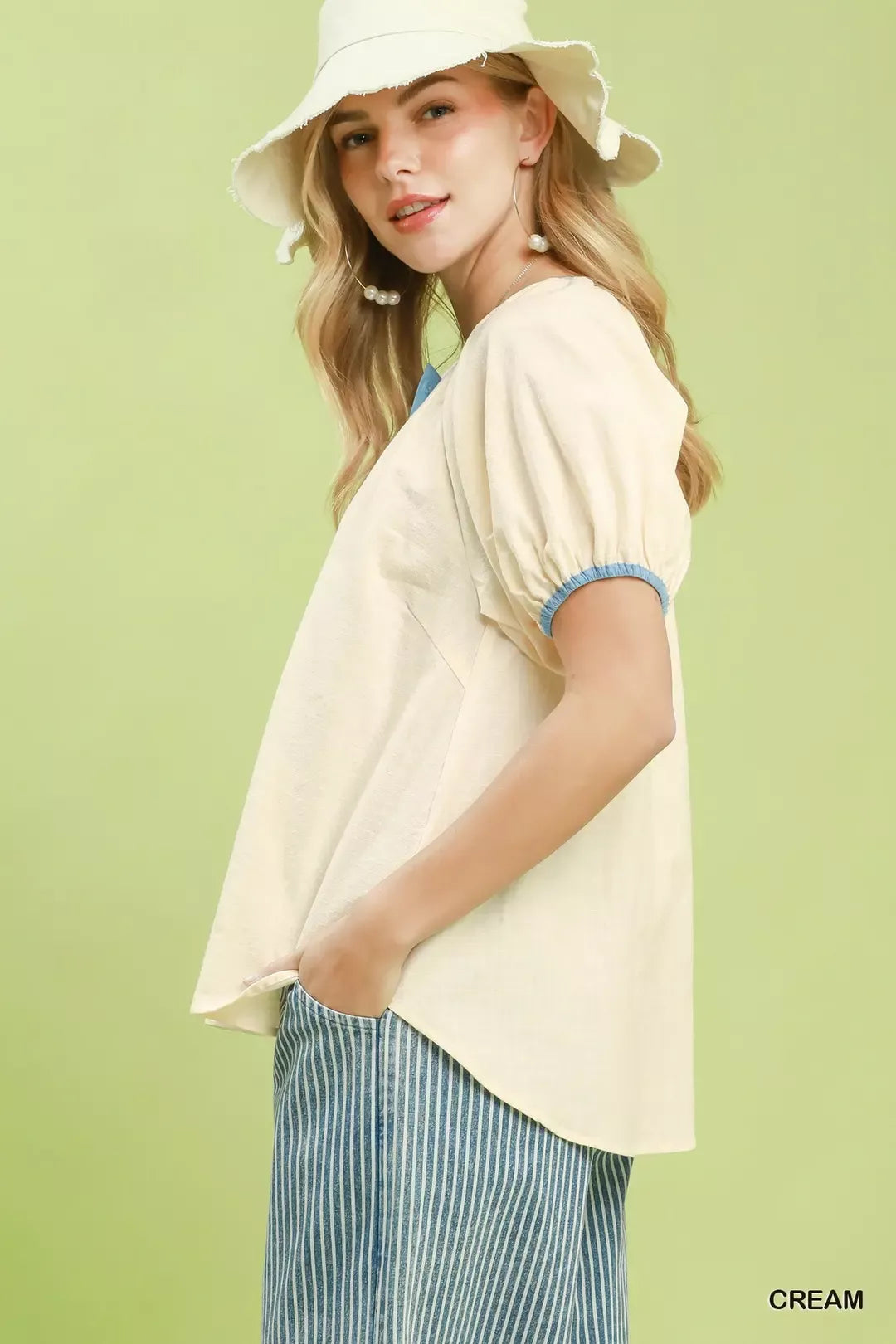 Umgee Contrast Trim Button Front Puff Sleeve Blouse - Glamourous Grace