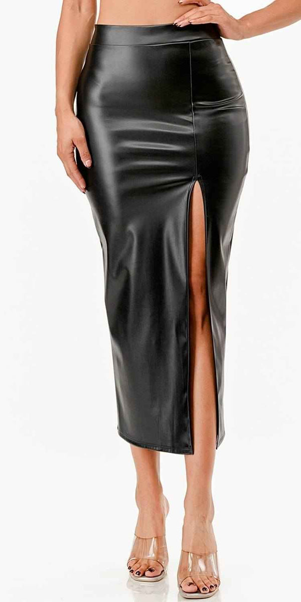 CLEARANCE - La Scala 26019 Mid Length PU leather Pencil Black Skirt (Small) - Glamourous Grace