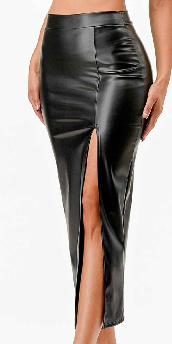 CLEARANCE - La Scala 26019 Mid Length PU leather Pencil Black Skirt (Small) - Glamourous Grace