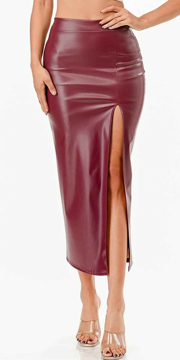CLEARANCE - La Scala 26019 Mid Length PU leather Pencil Burgundy Skirt (Small) (Copy) - Glamourous Grace