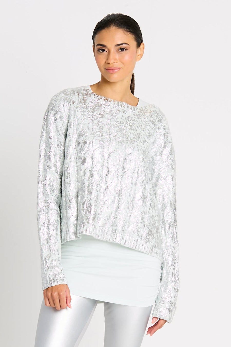 Pima Cotton Mini Foil Cable Crewneck Sweater - Mint/Silver - Glamourous Grace