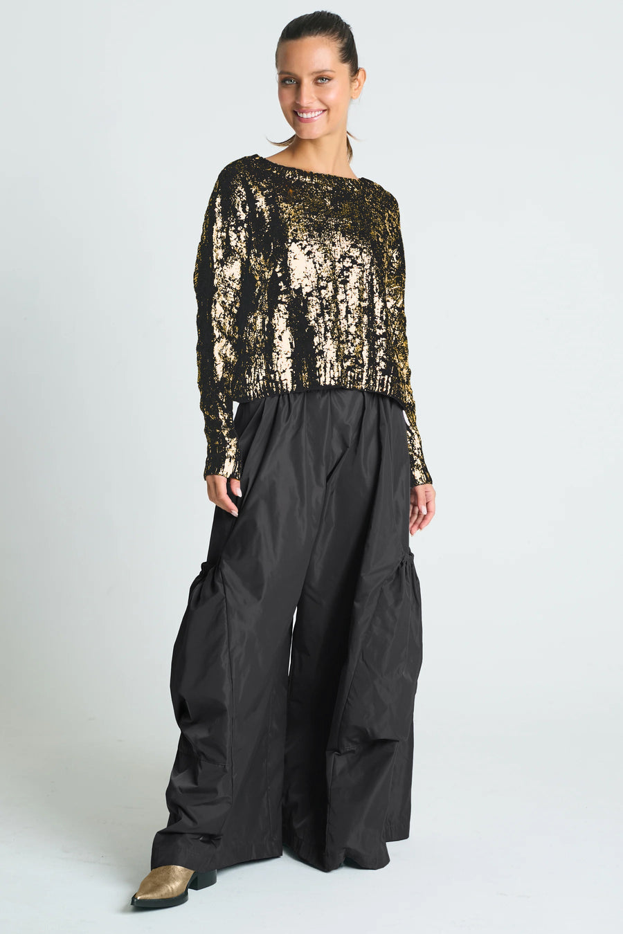 Pima Cotton Mini Foil Cable Crewneck Sweater - Black/Gold - Glamourous Grace