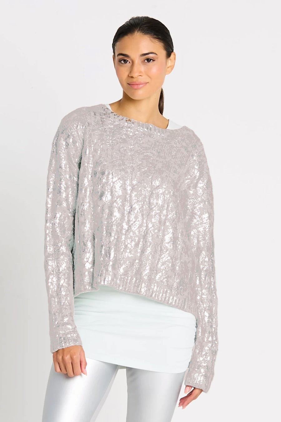 Pima Cotton Mini Foil Cable Crewneck Sweater - Putty/Silver - Glamourous Grace