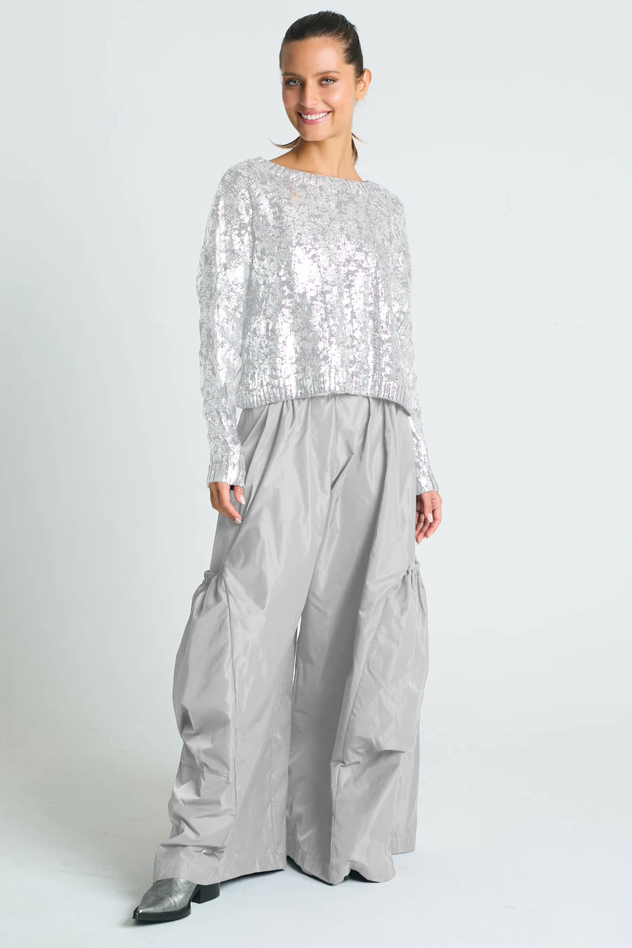 Pima Cotton Mini Foil Cable Crewneck Sweater - White/Silver - Glamourous Grace