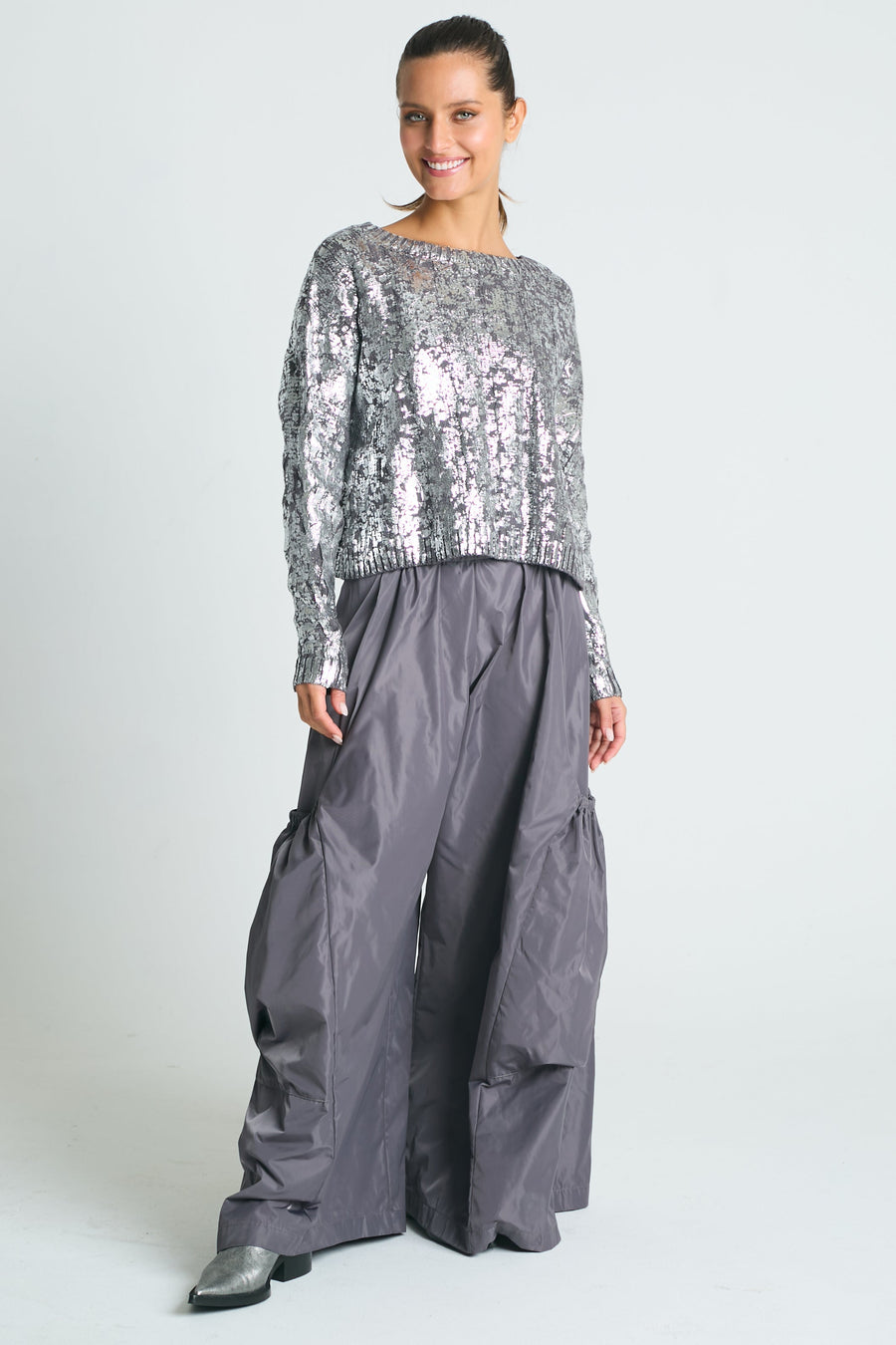 Pima Cotton Mini Foil Cable Crewneck Sweater - Lava/Silver - Glamourous Grace