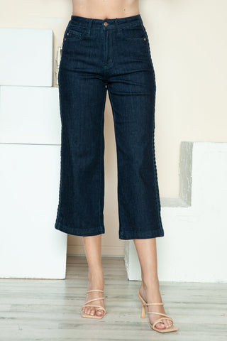 Judy Blue Side Seam Braid Detail Crop Wide Leg Blue Wash Denim Jeans