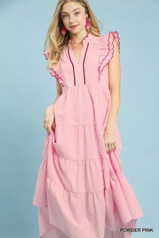 Umgee Seersucker Ruffle Sleeve Tiered Midi Dress - Glamourous Grace