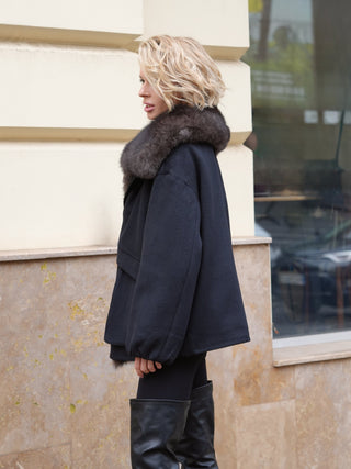 Rimini Genuine Fur Trim Wool Blend Parka in Black
