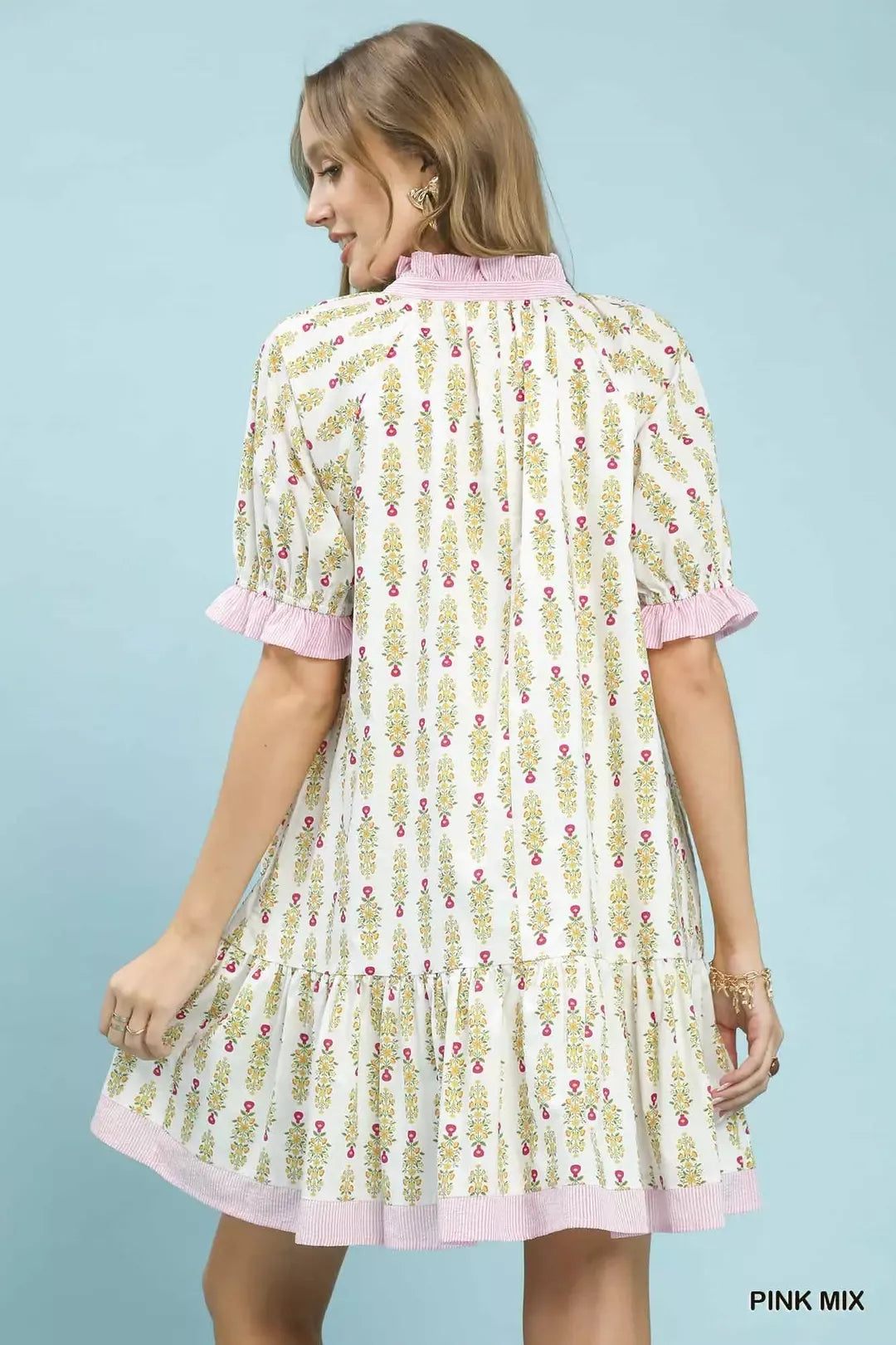 Umgee Striped Trim Floral Tiered Mini Dress - Glamourous Grace